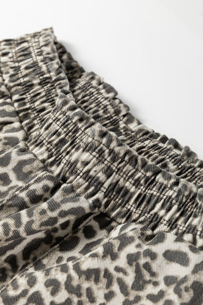 Pantalones Vaqueros Estampado Leopardo Marrón con Bajo Deshilachado y Cintura Elástica Sueltos
