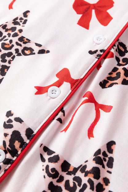 White Leopard Star Ribbon Bow Print Contrast Trim Short Pajama Set - Snoopy's Closet