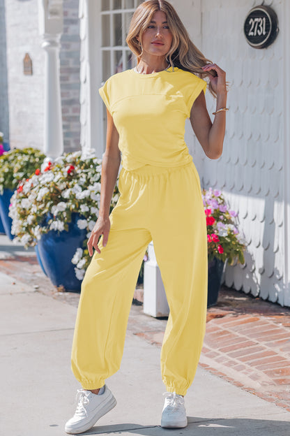 Yellow Cream Solid Color Cropped Tank Top and Jogger Pants Set - Snoopy's Closet