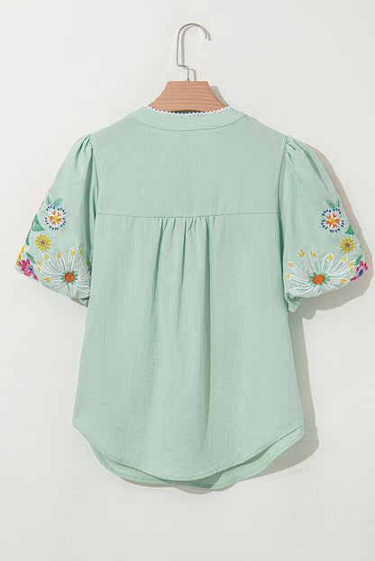 Blusa con mangas abullonadas y cuello dividido Clearly Aqua con bordado floral