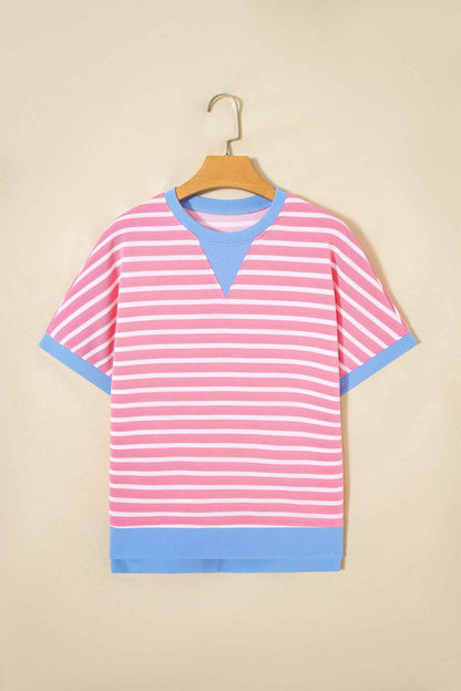 Pink Stripe Contrast Trim Loose Short Sleeve Top