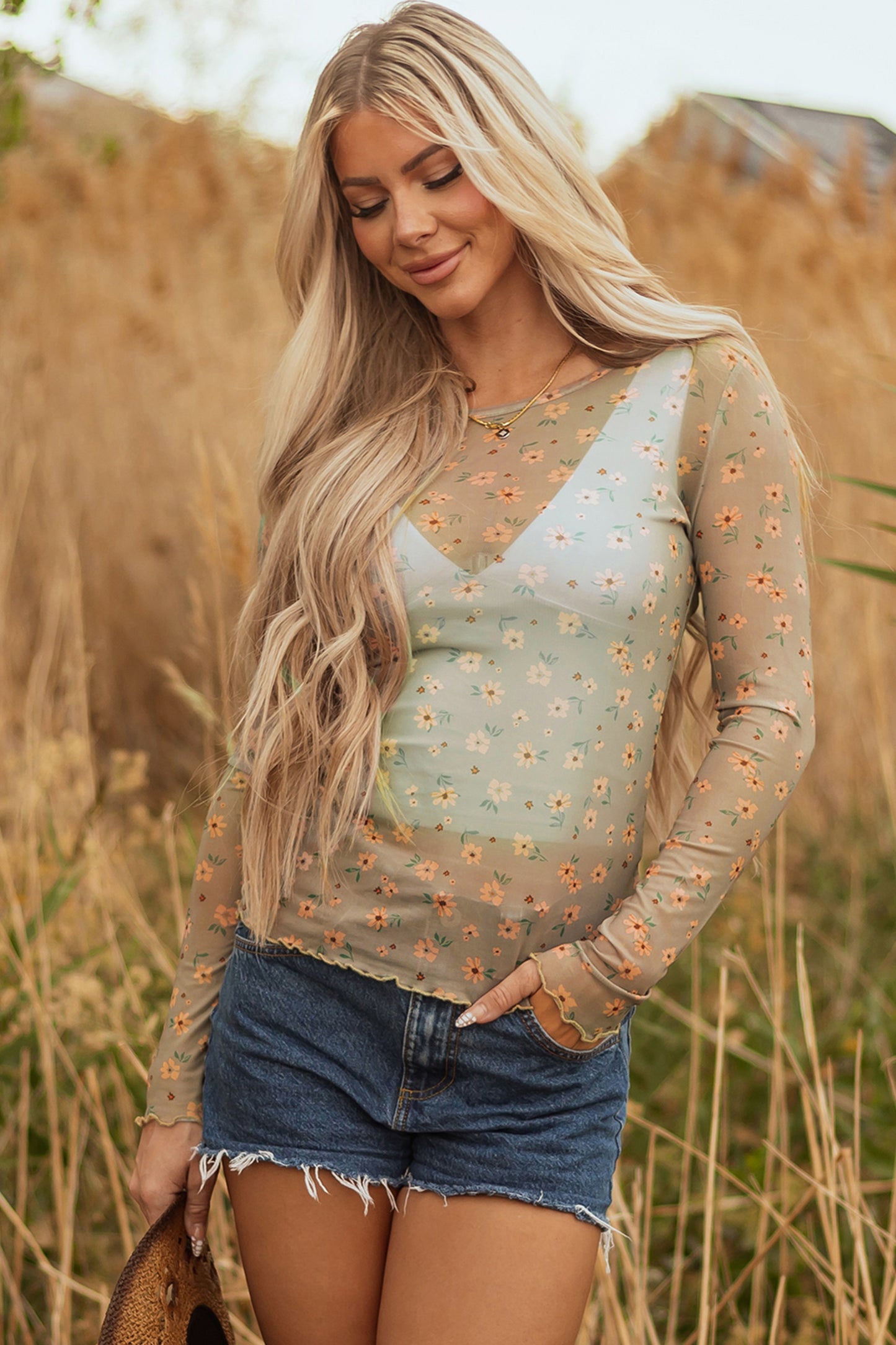 Top de malla de manga larga con estampado floral vintage verde laurel estilo sureño