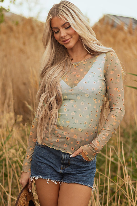 Laurel Green Vintage Floral Print Southern Style Mesh Long Sleeve Top