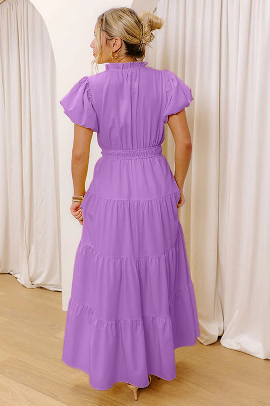 Vestido maxi con cuello de pico, manga corta abullonada y cintura alta con volantes de color sólido Lavendula