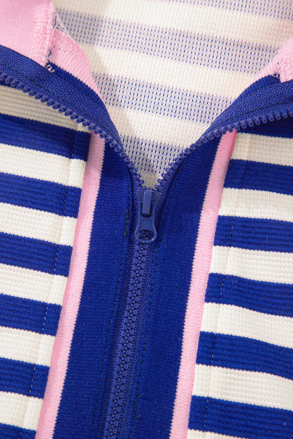Dark Blue Textured Stripe Print Contrast Trim Zip Collar Sleeveless 2pcs Skort Set - Snoopy's Closet