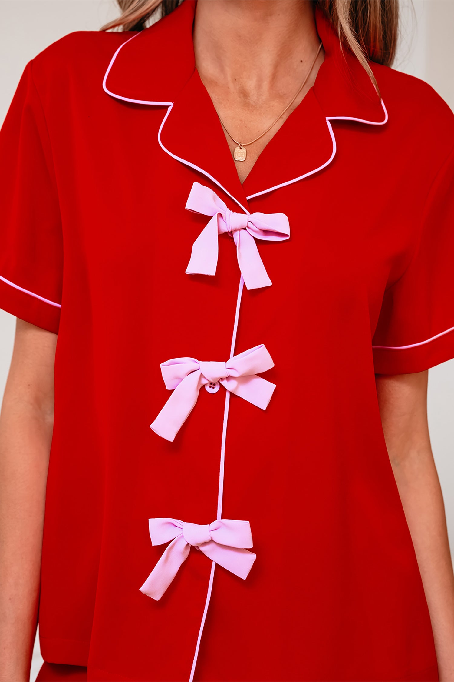 Fiery Red Contrast Trim Ribbon Bow Short Silky 2pcs Pajama Set - Snoopy's Closet