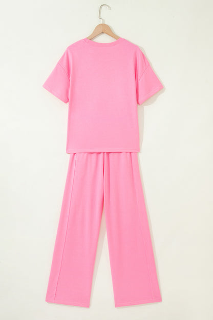 Sachet Pink Solid Cover Oversize Tee Pocketed Casual Pants 2pcs Outfit - Snoopy's Closet