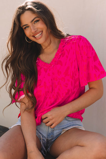 Rose Leopard Frilly V Neck Short Sleeve Blouse - Snoopy's Closet