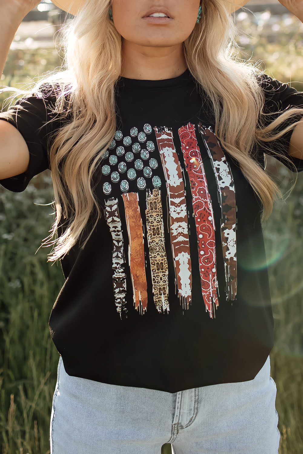 Camiseta Gráfica de la Bandera Americana Occidental Negra