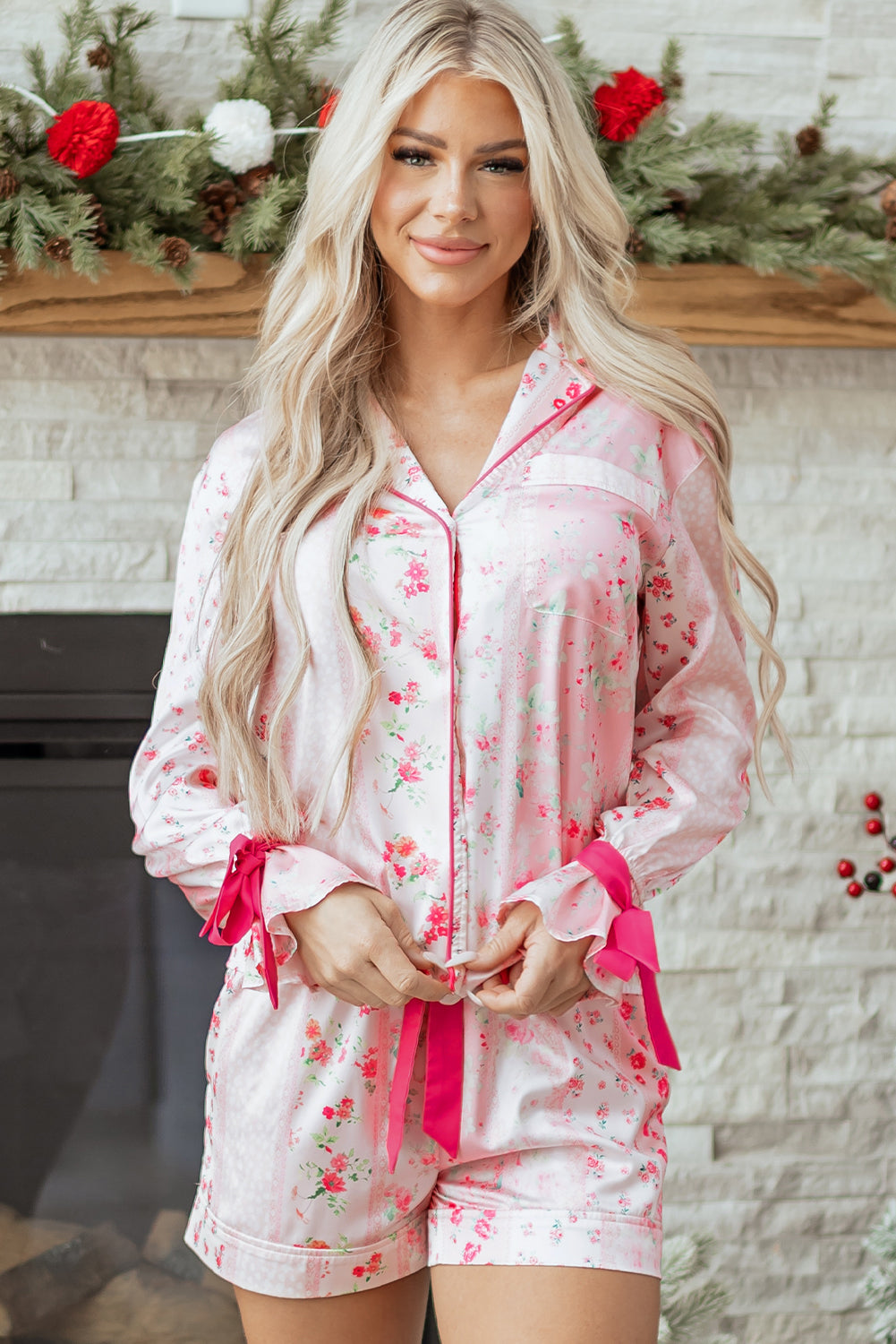 Pink Mixed Floral Print Contrast Piping Trim Satin Tie 2pcs Pajama Set - Snoopy's Closet