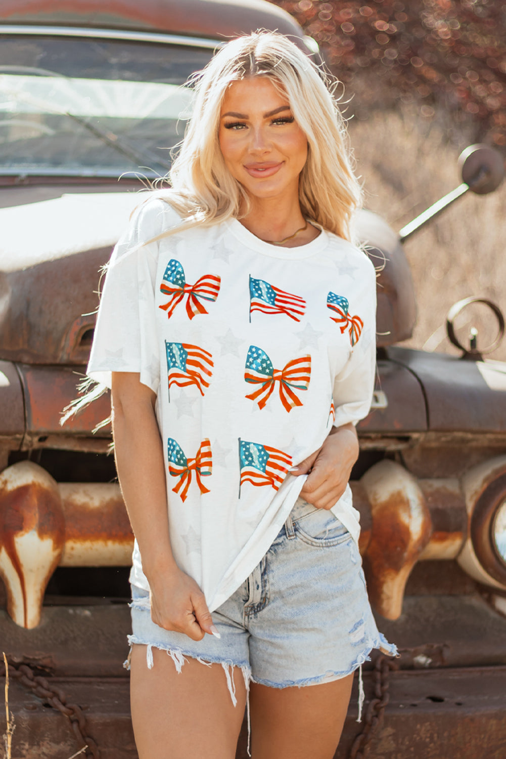 Khaki Patriotic Flag Bow Graphic Starry Round Neck T Shirt - Snoopy's Closet