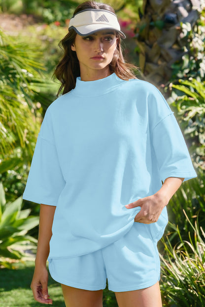 Moonlight Jade Solid Color Exposed Seam Mock Neck Oversize Tee Casual Shorts 2pcs Outfit - Snoopy's Closet