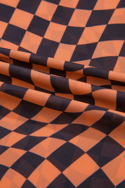 Orange Checkered Print Crew Neck Mesh T Shirt - Snoopy's Closet