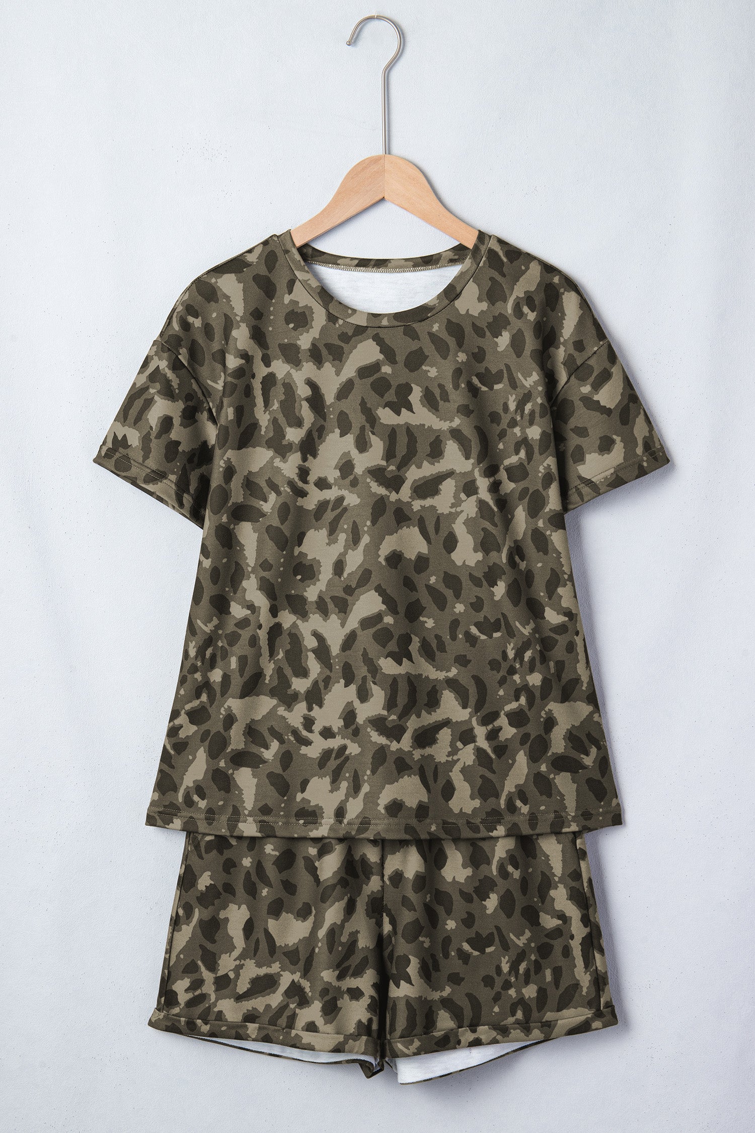 Brown Leopard Print Crew Neck Short Set - Snoopy's Closet