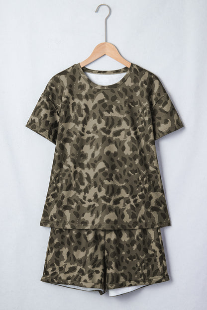 Brown Leopard Print Crew Neck Short Set - Snoopy's Closet