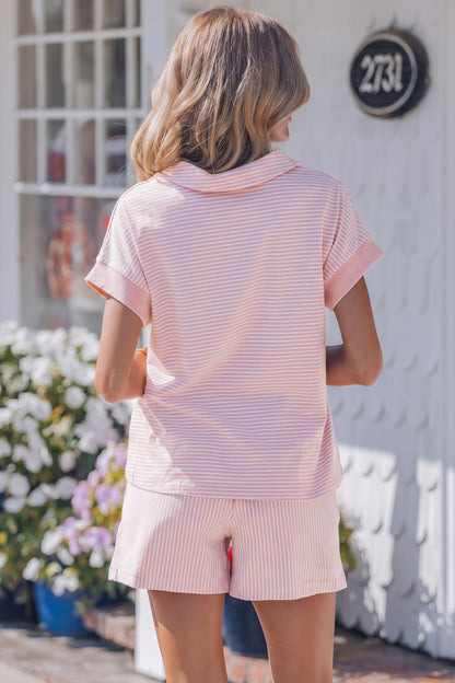 Pink Stripe Dolman Sleeve Polo Shirt and Drawstring Shorts Set - Snoopy's Closet
