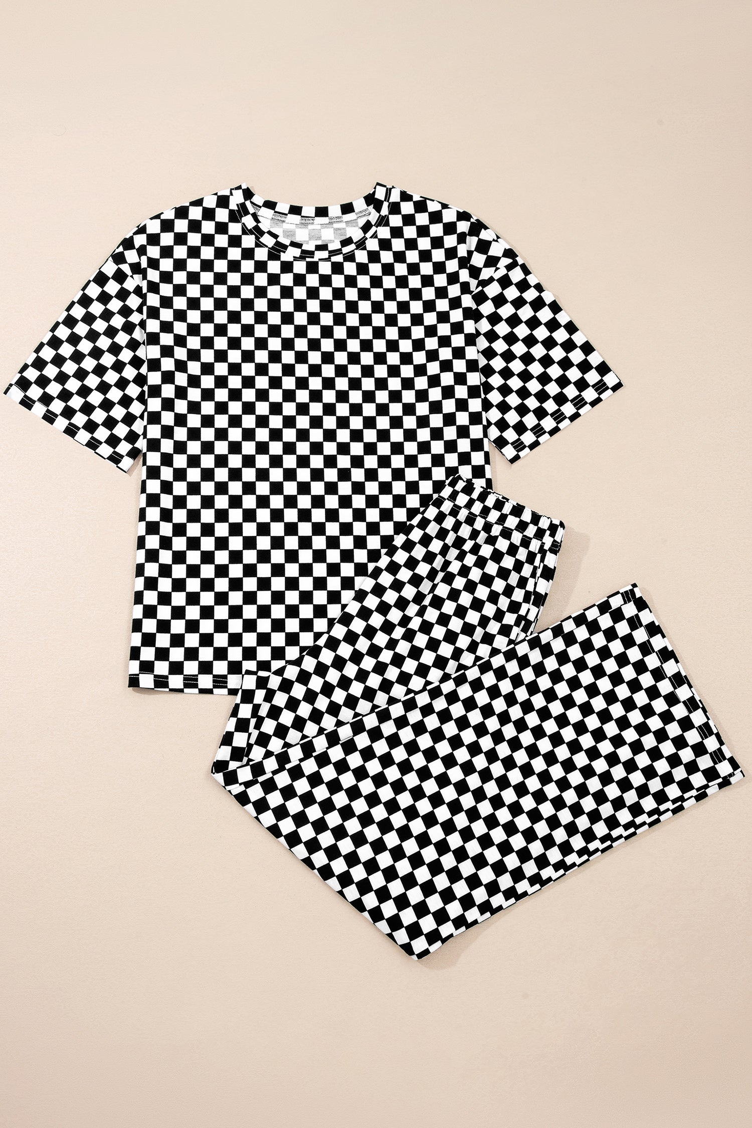 Khaki Checkered Print Half Sleeve Tee 2pcs Lounge Pant Set - Snoopy's Closet
