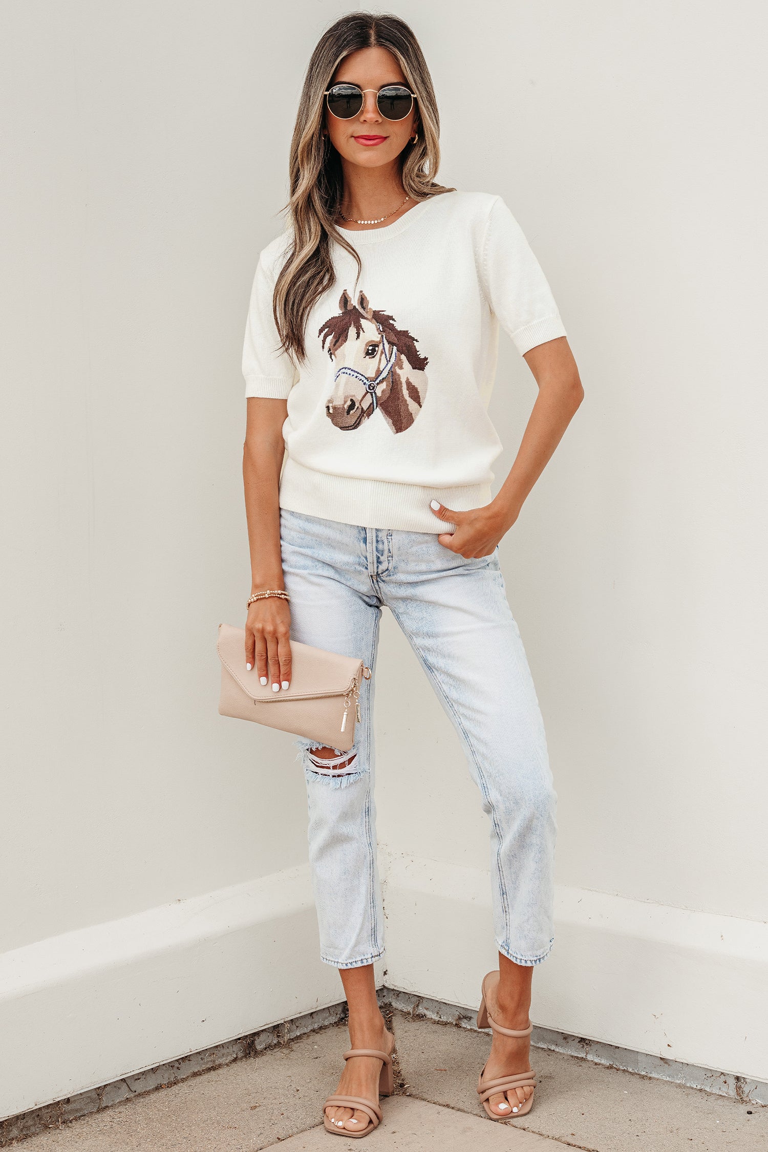 White Wild West Horse Head Printed Short Sleeve Sweater - Snoopy's Closet