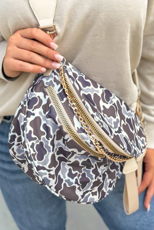 White Camouflage Print Gold Chain Strap Double Zipper Crossbody Bag - Snoopy's Closet