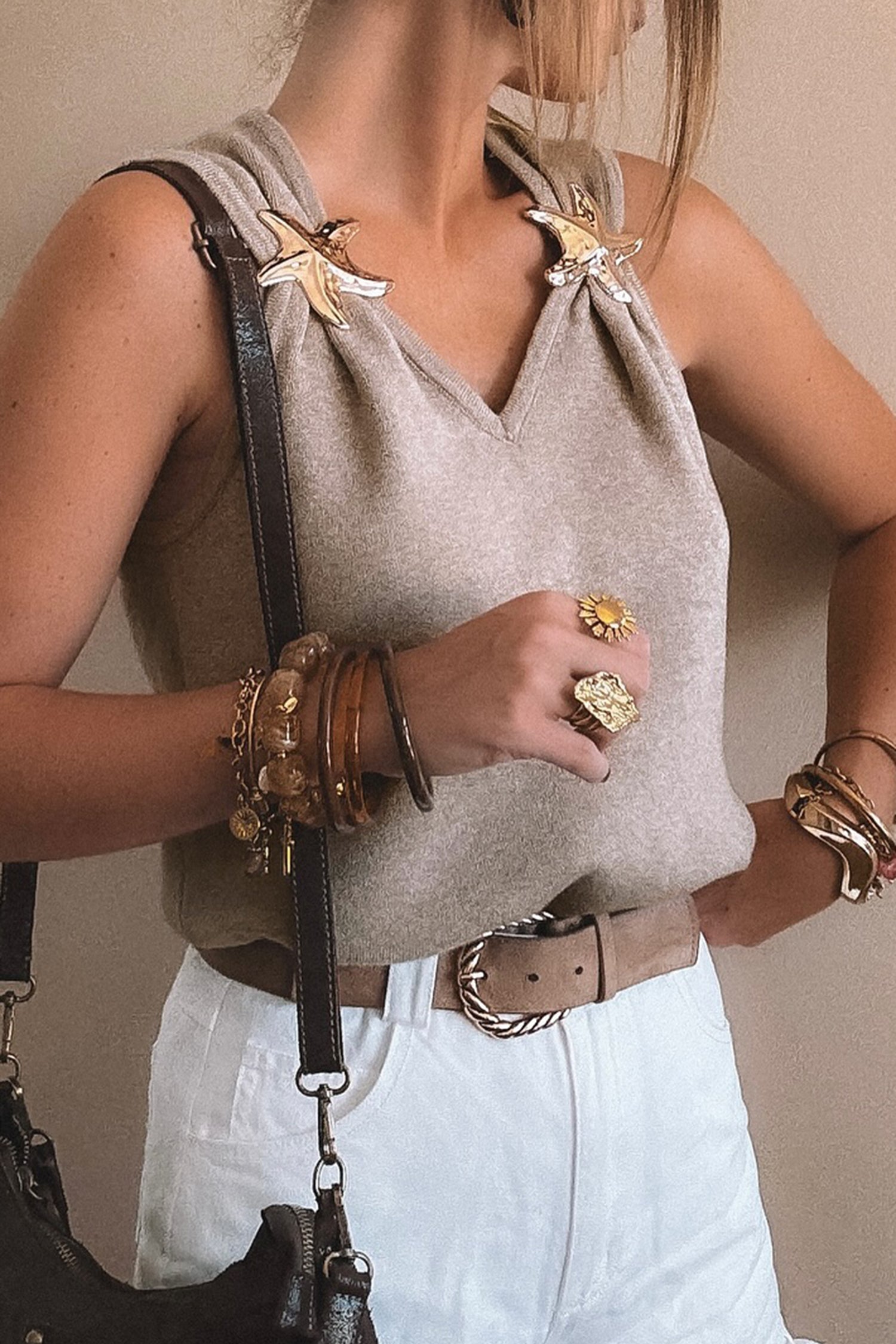 Gray Morn Metal Star Detail V Neck Sweater Knit Tank Top