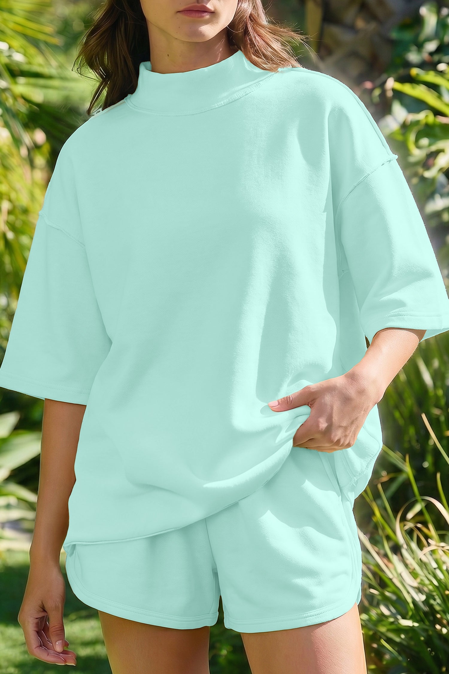 Moonlight Jade Solid Color Exposed Seam Mock Neck Oversize Tee Casual Shorts 2pcs Outfit - Snoopy's Closet