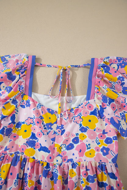 Minivestido suelto con estampado floral multicolor, manga con volante y cuello cuadrado con ribete a rayas