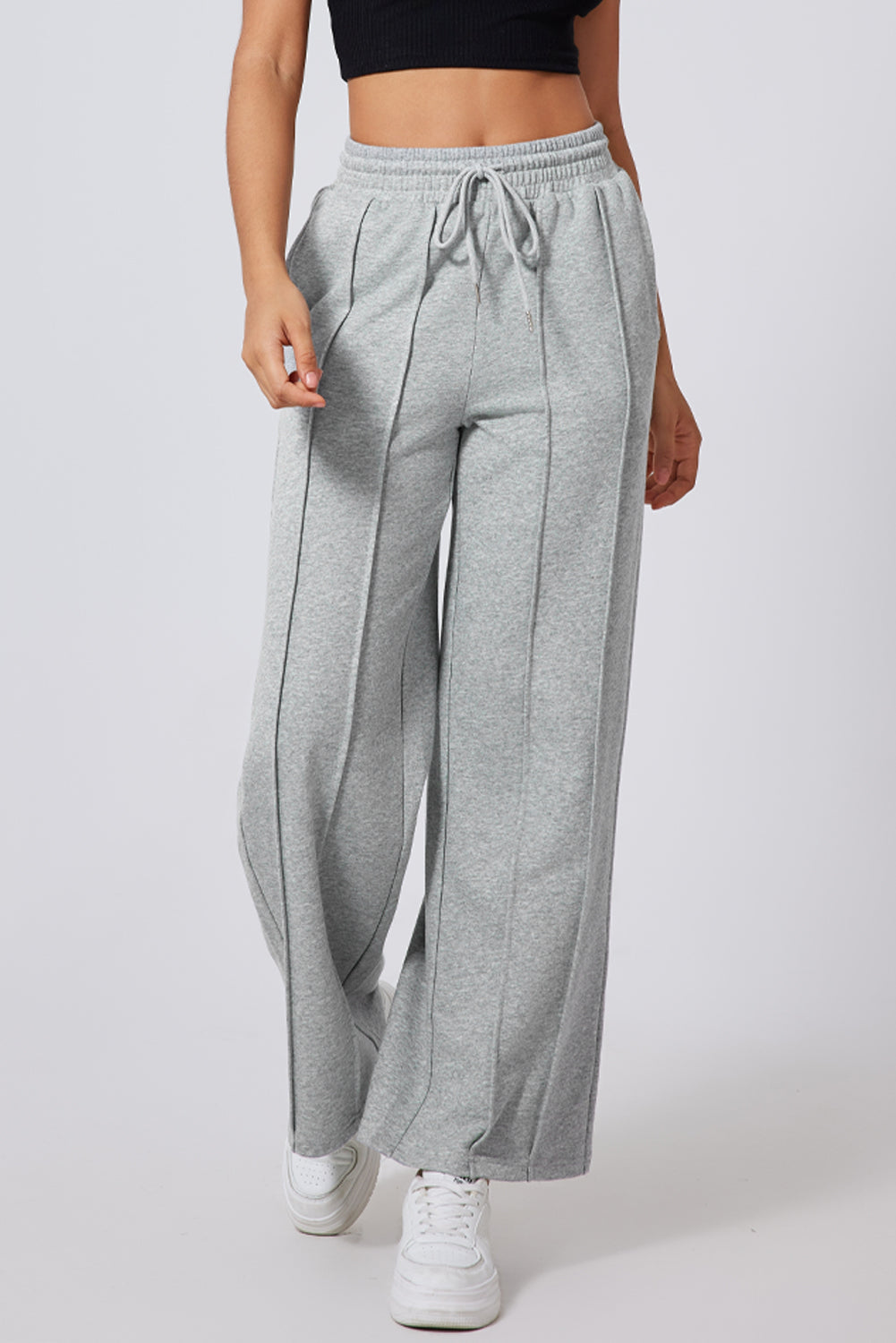 Pantalones de chándal de pernera ancha, cintura alta con cordón y costuras grises