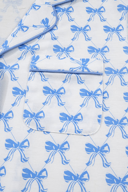 Sky Blue Bow Print Long Sleeve Shirt and Pants Soft Pajama Set - Snoopy's Closet