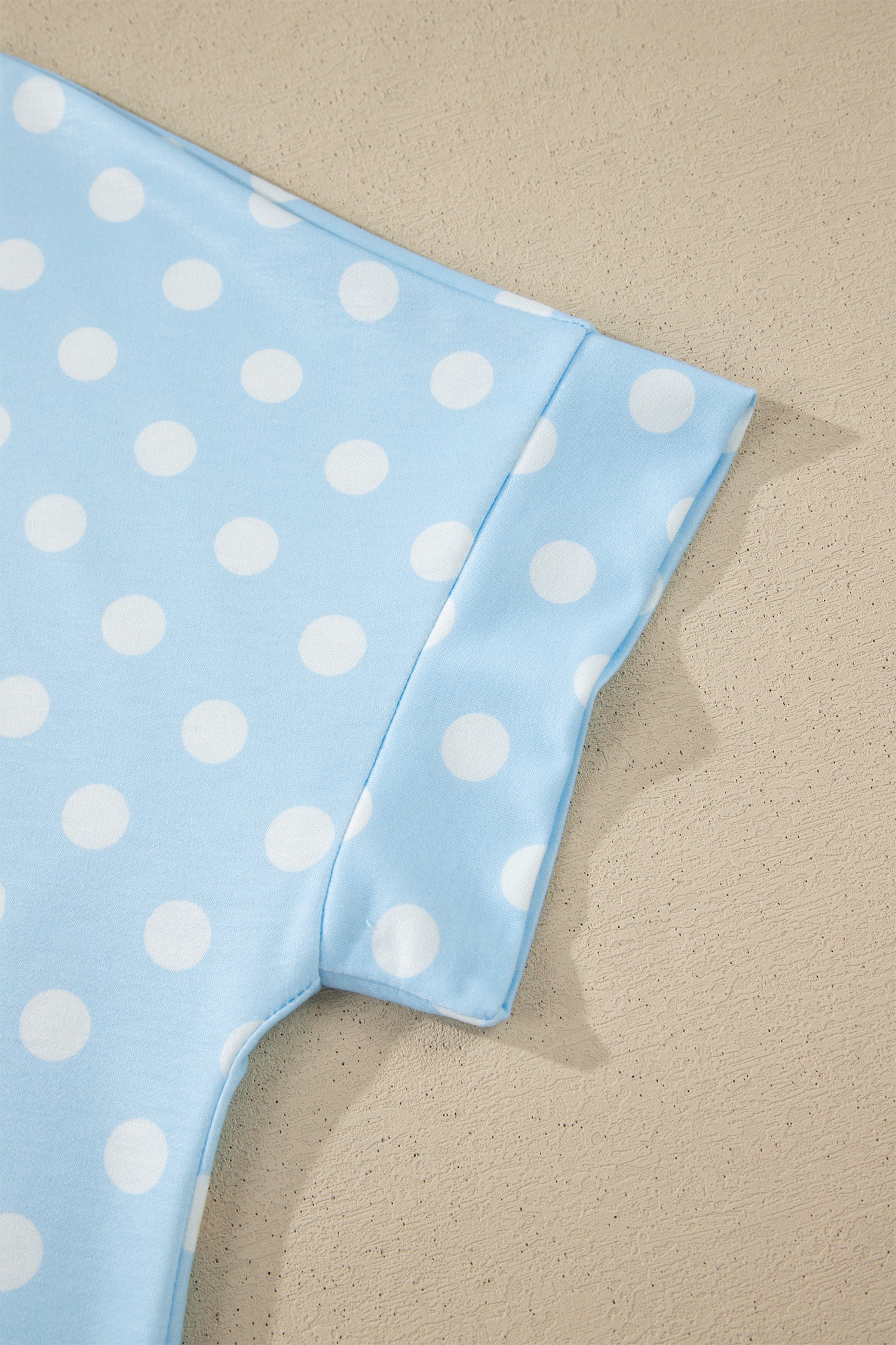 Sky Blue Polka Dot Print Color Block Trim Mock Neck Short Set - Snoopy's Closet