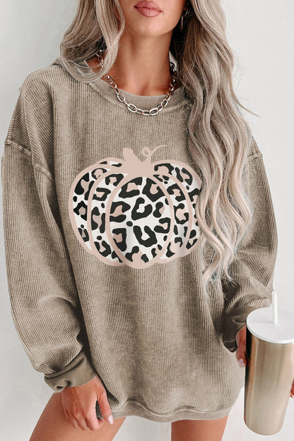 Khaki Leopard Halloween Pumpkin Graphic Corded Sweatshirt - Snoopy's Closet