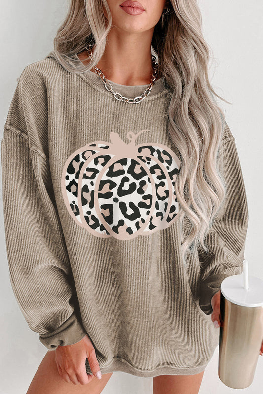 Khaki Leopard Halloween Pumpkin Graphic Corded Sweatshirt - Snoopy's Closet