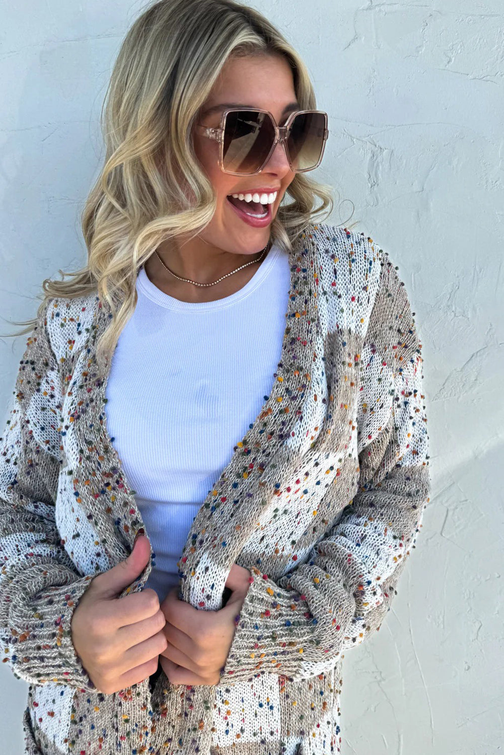 Brown Confetti Dot Checkered Print Open Cardigan with Pockets - Snoopy's Closet
