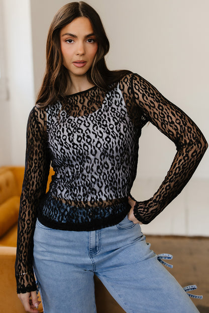 Black Leopard Pattern Sheer Mesh Long Sleeve Top - Snoopy's Closet
