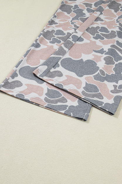 Multicolour Camouflage Short Sleeve Top and High Waist Wide Leg Pants Set - Snoopy's Closet