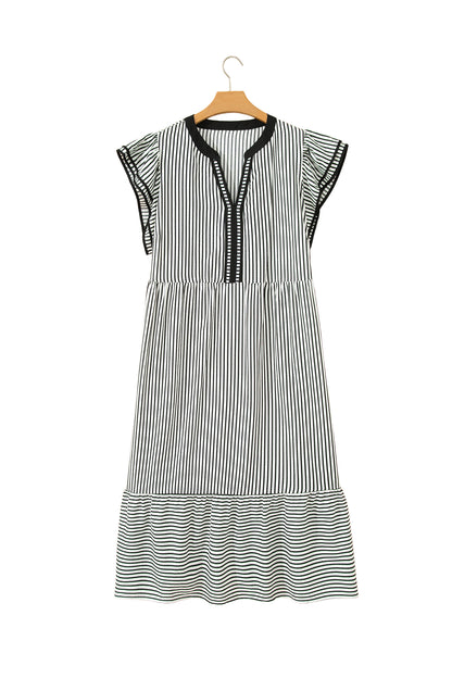 Black Stripe Plus Size Slit V Neck Tiered Flutter Sleeve Maxi Dress