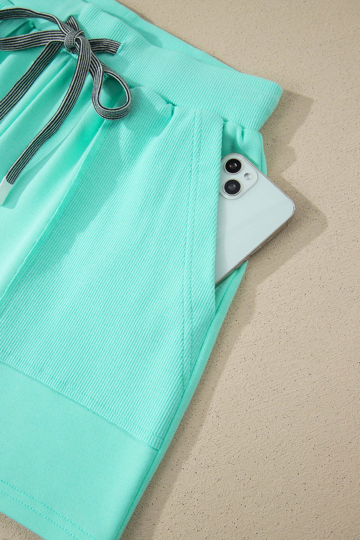 Mint Green V Neck Short Sleeve Top Drawstring Shorts 2pcs Set - Snoopy's Closet
