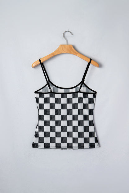 Camiseta sin mangas ajustada con tirantes finos y estampado a cuadros transparente en negro