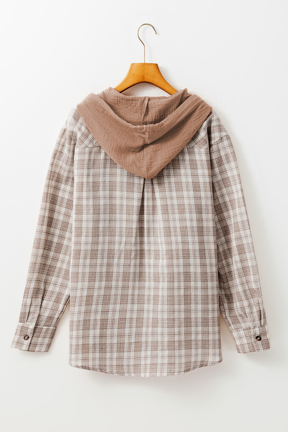 Sobrecamisa de Cuadros Caqui de Corte Holgado con Botones y Capucha