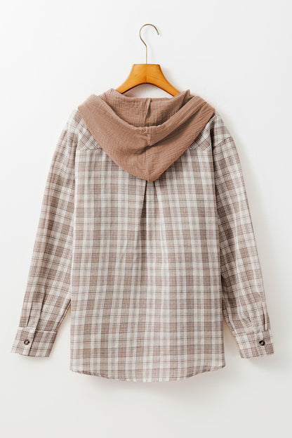Sobrecamisa de Cuadros Caqui de Corte Holgado con Botones y Capucha