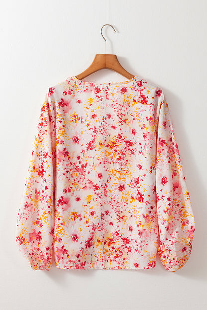Pink Ditsy Floral Bubble Sleeve V Neck Blouse - Snoopy's Closet