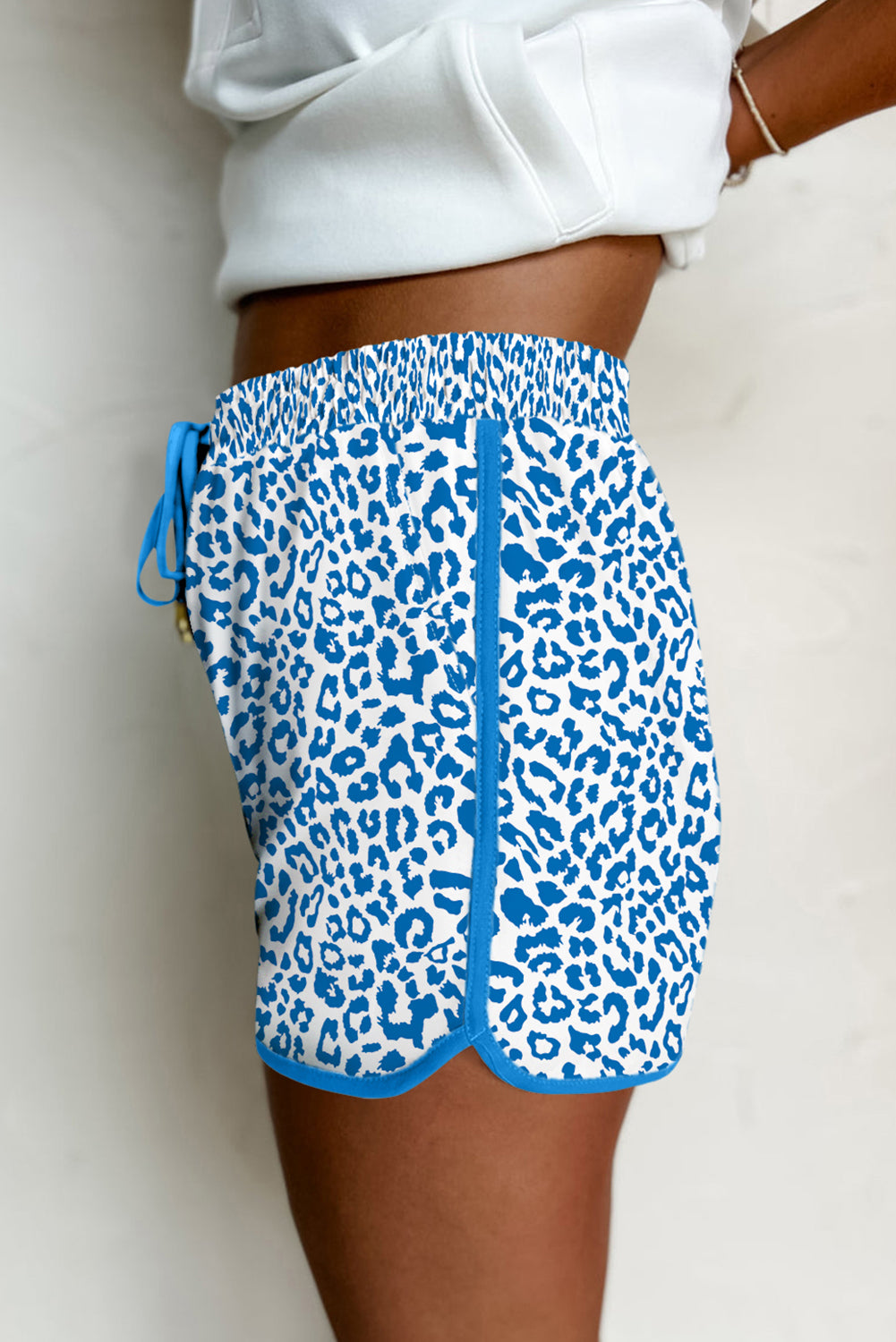 White Leopard Elastic Waistband Lace up Contrast Trim Casual Shorts - Snoopy's Closet