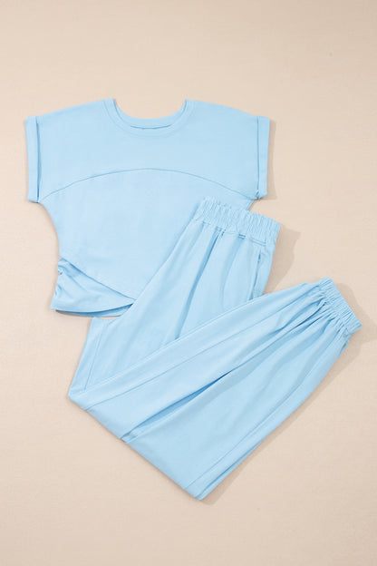 Beau Blue Solid Color Cropped Tank Top and Jogger Pants Set - Snoopy's Closet