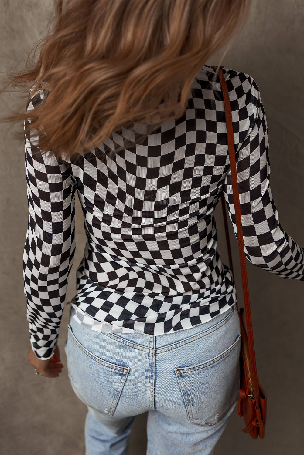 Black Checkered Pattern Mesh Mock Neck Long Sleeve Top - Snoopy's Closet