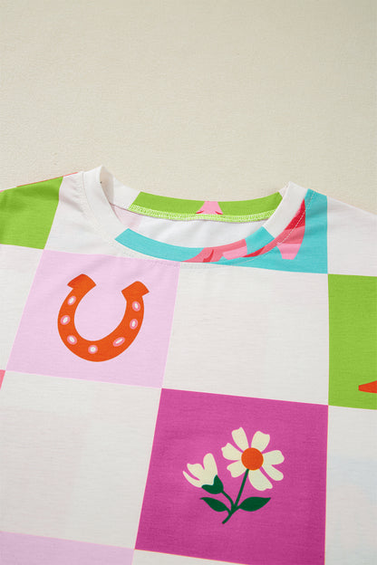 Purple Western Fashion Checker Print Crewneck T Shirt - Snoopy's Closet