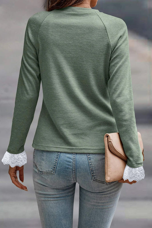 Grass Green Seam Detail Lace Contrast Cuffs Raglan Sleeve Top - Snoopy's Closet