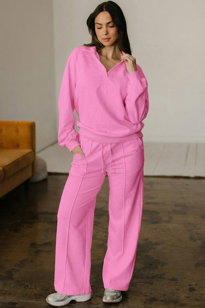 Bright Pink Polo Collar V Neck Pullover and Drawstring Sweatpants Set - Snoopy's Closet