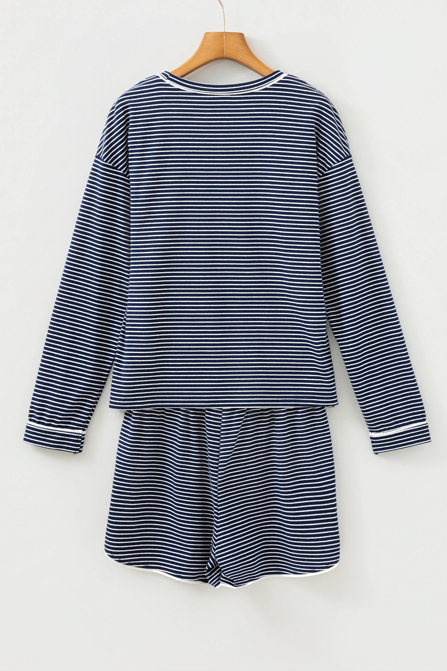 Blue Stripe Drop Shoulder Round Neck Long Sleeve Tee and Buttoned Shorts 2pcs Lounge Set - Snoopy's Closet