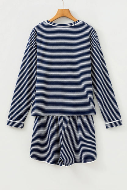 Blue Stripe Drop Shoulder Round Neck Long Sleeve Tee and Buttoned Shorts 2pcs Lounge Set - Snoopy's Closet