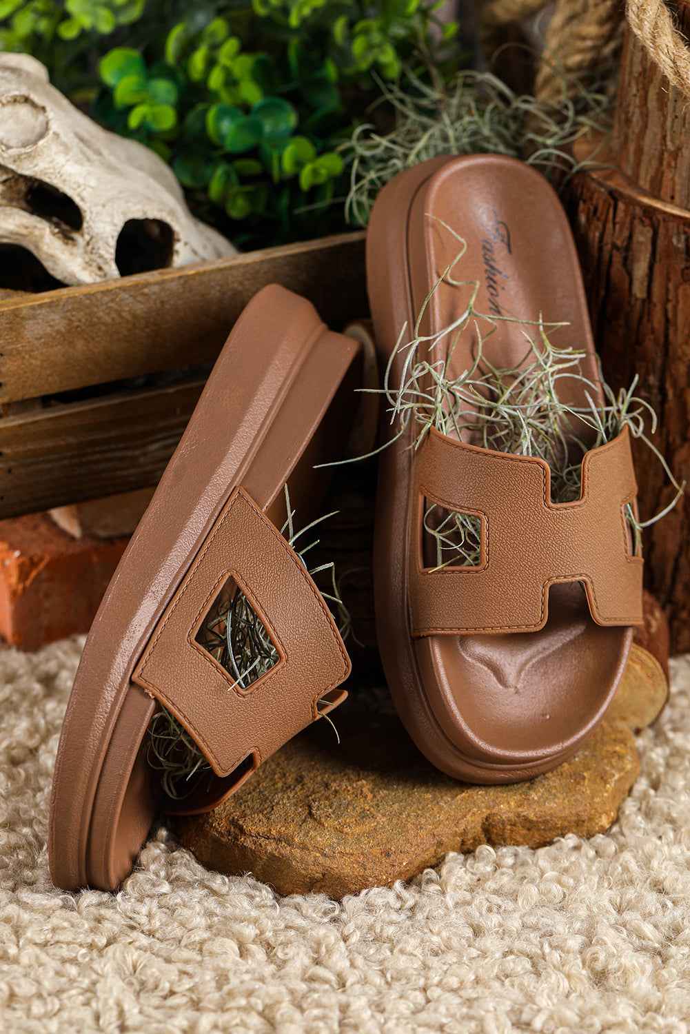Beige Cutout Design Open Toe Platform Slippers (Run Small, Size Up)