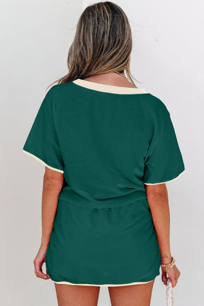 Evergreen Colorblock Edge Drop Shoulder T Shirt and Skort 2Pcs Set